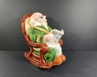 Vintage Lefton Ceramic Grandpa Sitting in a Rocking Chair Penny Coin Bank, Decorative Piggy Bank, Collectible Retirement Fund Figurine