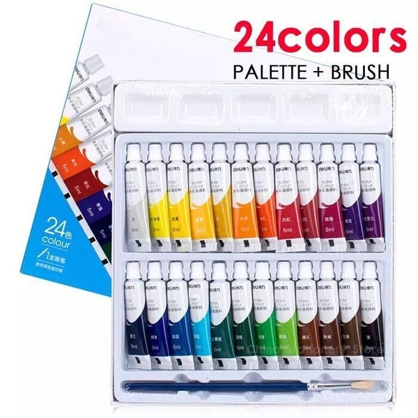 24 Colours Water Based Paint Set - Quality Gouache - Brush and Palette - Artist Supplies