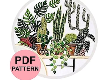 Sukkulente PDF Stickmuster für Anfänger, Kaktus Pflanze Stickrahmen Kunst, digitale botanische Stickdatei, druckbare Muster