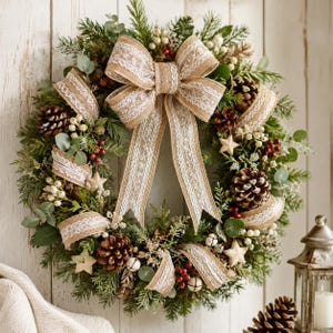 May include: A circular wreath made of green pine branches, featuring brown pinecones, small white berries, and cream-colored stars. A large burlap ribbon with white lace trim is tied at the top, with long tails cascading down the center of the wreath.