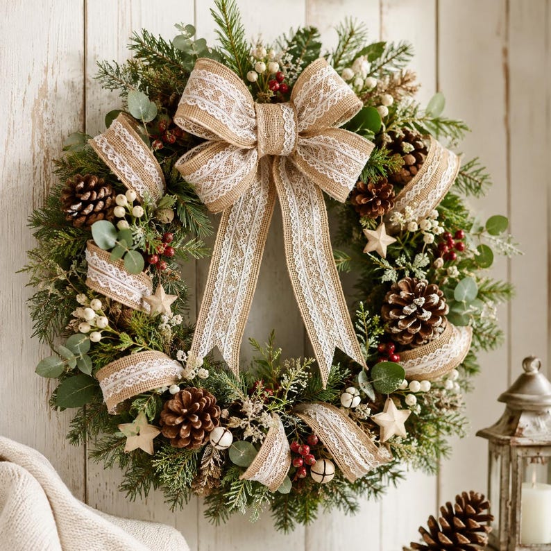 May include: A circular wreath made of green pine branches, featuring brown pinecones, small white berries, and cream-colored stars. A large burlap ribbon with white lace trim is tied at the top, with long tails cascading down the center of the wreath.