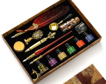 Fancy Feather Quill Dip Pen Gift Set - Calligraphy Gift Box with Wax Seal and Coloured Inks- 4 Colours