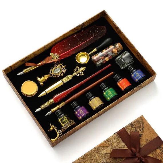 Fancy Feather Quill Dip Pen Gift Set - Calligraphy Gift Box with Wax Seal and Coloured Inks- 4 Colours