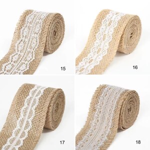May include: Four rolls of tan burlap ribbon, each featuring a distinct white lace trim pattern. The rolls are labeled 15, 16, 17, and 18, showcasing varied decorative lace designs centered on the textured, woven natural fiber fabric material.