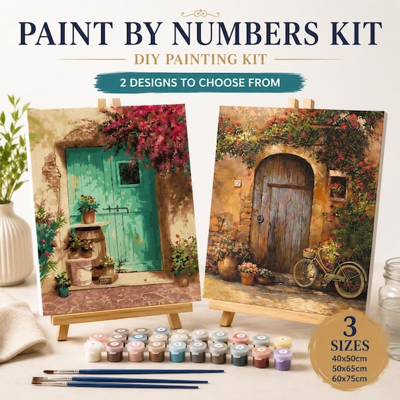 Paint by Numbers Kit for Adults, DIY Painting Kit, Rustic Door & Garden Canvas Art, Colour by Number Gift, 3 Sizes, Optional Frame