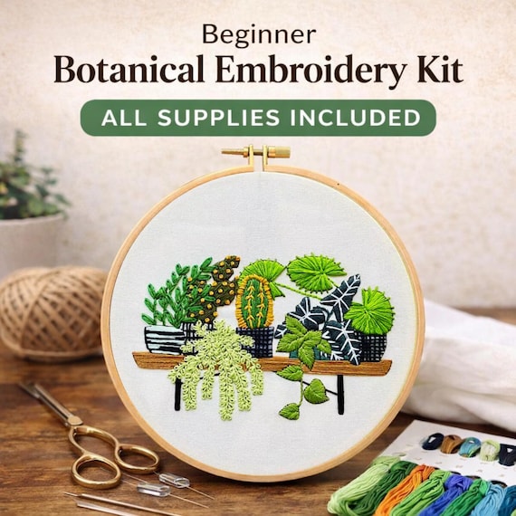 Cactus Embroidery Kit for Beginners • Succulent Needlework Pattern 20cm • Modern Plant DIY Craft • Relaxing Stitch Project, Cottagecore Gift