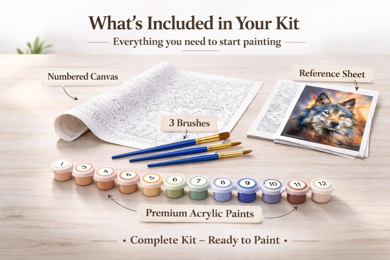 Paint by numbers kit contents including numbered canvas, acrylic paint pots, three brushes and reference sheet for easy painting.