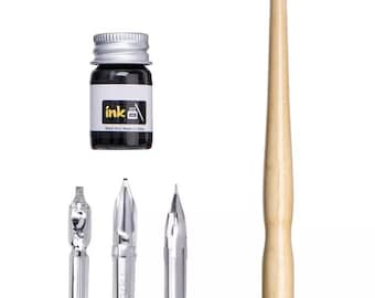 Manga Dip Pen Set, Wooden Nib Holder with 3 Nibs and Black Ink for Comic Drawing, Calligraphy, Sketching & Lettering
