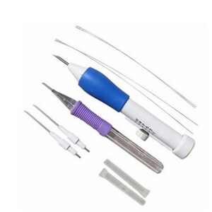 May include: A set of two embroidery tools with blue and purple handles, four needles, and two clear plastic tubes. The tools have a needle threading mechanism and a depth gauge.