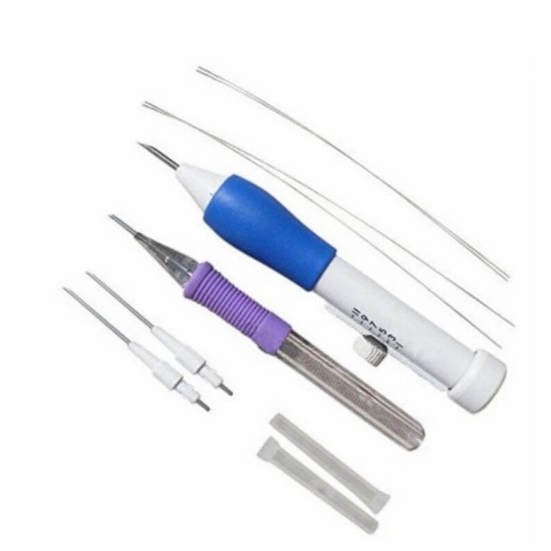May include: A set of two embroidery tools with blue and purple handles, four needles, and two clear plastic tubes. The tools have a needle threading mechanism and a depth gauge.