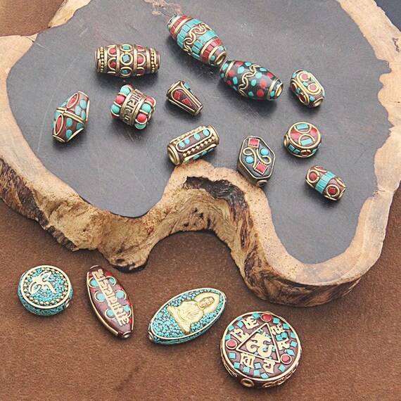 50pcs 8-25x8-13mm antique golden handmade tibetan style beads, brass with synthetic coral & turquoise, jewelry making-bracelet necklace earring, craft accessories, hole: 1-2.5mm | Today's Deals