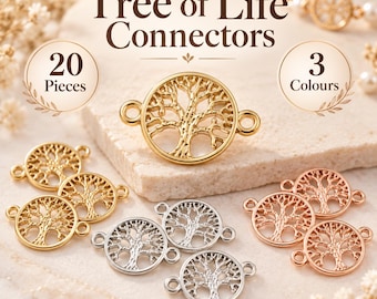 Pode incluir: Um conjunto de vinte conectores de joias circulares com a Árvore da Vida em tons de ouro, prata e ouro rosa. Cada peça apresenta um motivo de árvore detalhado dentro de uma moldura redonda com dois laços laterais. O texto diz Tree of Life Connectors, 20 Pieces e 3 Colours.