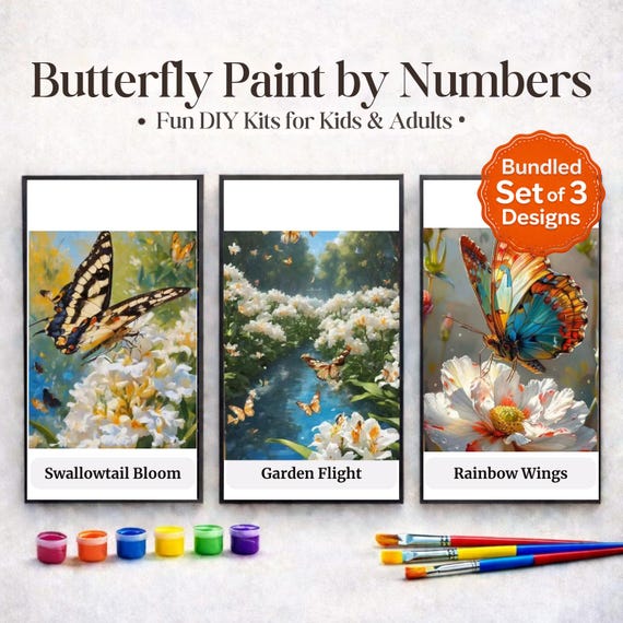 Butterfly Paint by Numbers Kit • Colourful Nature DIY Canvas Art • Floral Painting Set for Adults • Relaxing Creative Craft • Gift Idea