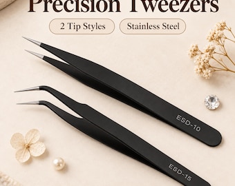 Pinzas de precisión de acero inoxidable negro con punta recta o curva para manualidades, trabajos con pestañas, resina, abalorios, fabricación de joyas, miniaturas y maquetas.