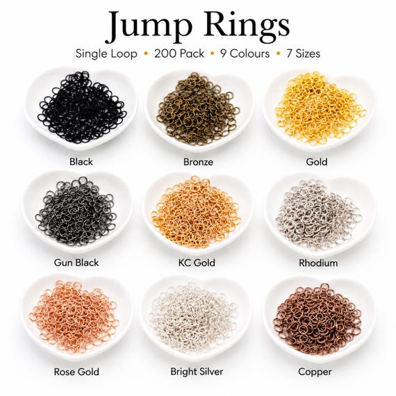 Jump Rings Gauge 19 Single Loop 200 Pack - 3 4 5 6 7 8 10mm - Black, Gold, Silver, Bronze, Rose Gold, Rhodium, Copper, Gun Black Findings