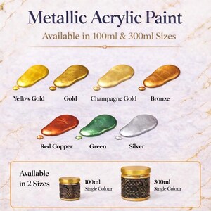 Metallic acrylic paint colour chart showing seven paint smear colours and available 100ml and 300ml single-colour sizes on a soft marble background.