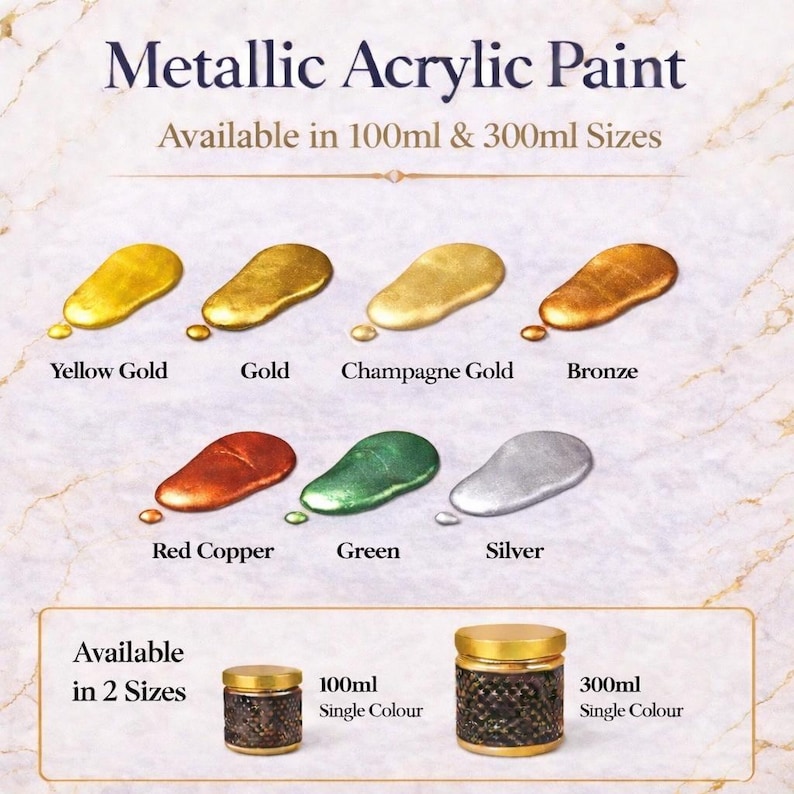 Metallic acrylic paint colour chart showing seven paint smear colours and available 100ml and 300ml single-colour sizes on a soft marble background.