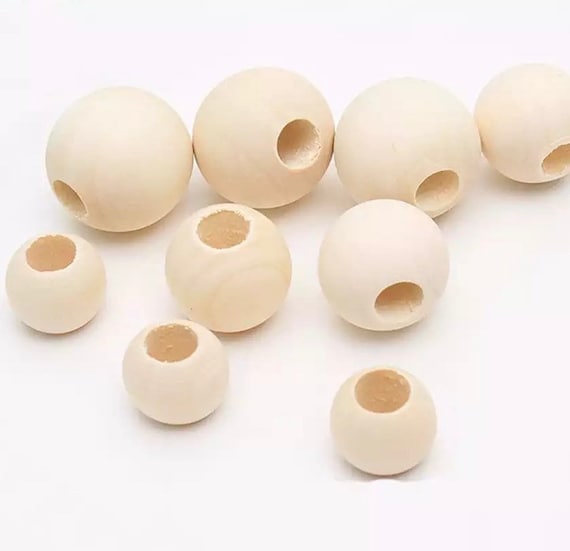 Large 10mm Hole Wood Beads - Unvarnished, Round Wooden Spacer - Chunky Macrame Beads
