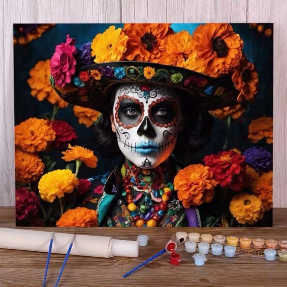 Sugar Skull Paint by Numbers Kit – Vibrant Marigold Day of the Dead Portrait DIY Art Kit, Unique Home Decor & Gift Idea – 3 Sizes