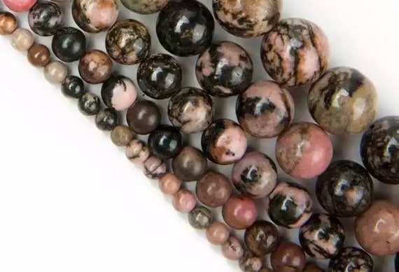 Black & Pink Rhodonite Beads - Round Natural Stone - 4, 6, 8, 10mm