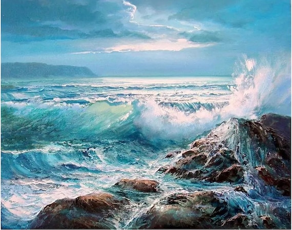 Paint by Numbers Kit - DIY Painting Kit - Gift Idea - Ocean Waves Crashing on Rocks - 3 Sizes