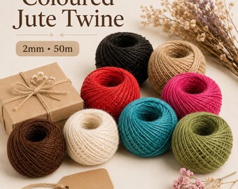 Hilo de yute de colores de 2 mm x 50 m, cordón de arpillera natural brillante en 16 colores intensos para envolver regalos, macramé, floristería, bodas y manualidades.