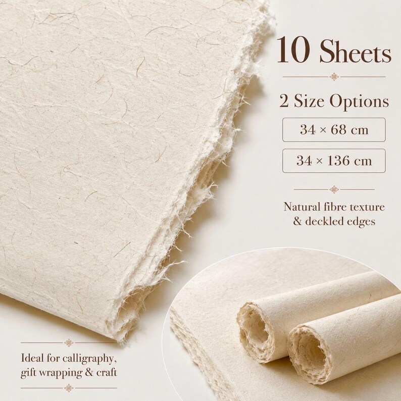 May include: Ten sheets of off-white paper with a visible natural fiber texture and rough deckled edges. The text indicates 2 size options of 34 x 68 cm and 34 x 136 cm. The paper is shown both as a flat stack and as two rolled cylinders.