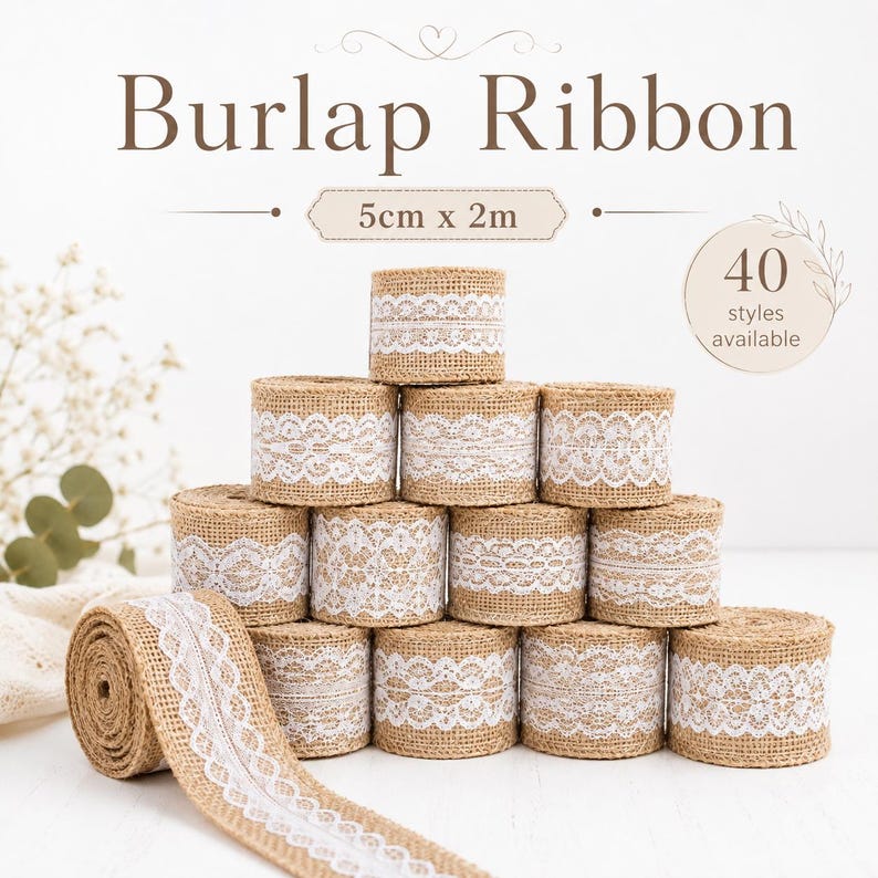 May include: A collection of tan burlap ribbon rolls, each featuring a white lace trim. The text Burlap Ribbon, 5cm x 2m, and 40 styles available is printed above the stacked rolls. The rolls are arranged in a pyramid formation on a surface.