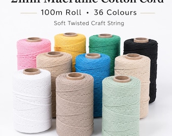 2mm Macrame Cord 100m, Coloured Cotton Craft String, 36 Colours, Soft Twisted Cord for Wall Hangings, Plant Hangers, Jewellery & Crafts