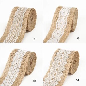 May include: Four rolls of tan burlap ribbon, each featuring a distinct white lace trim pattern. The rolls are labeled with the numbers 31, 32, 33, and 34, showcasing different decorative lace designs centered on the textured, woven fabric material.
