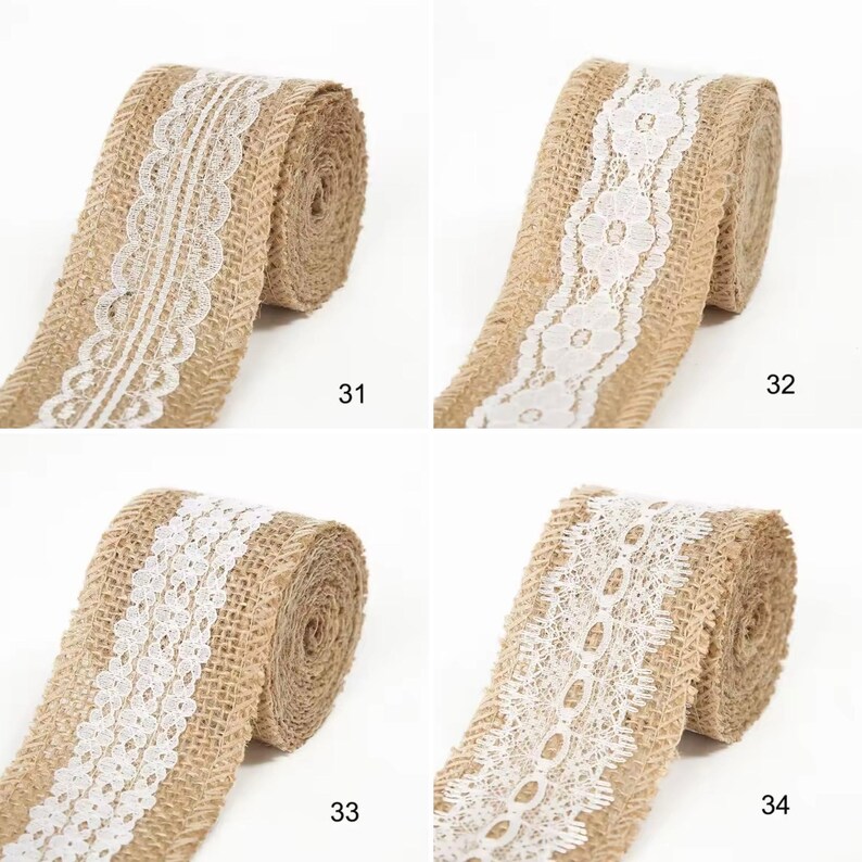 May include: Four rolls of tan burlap ribbon, each featuring a distinct white lace trim pattern. The rolls are labeled with the numbers 31, 32, 33, and 34, showcasing different decorative lace designs centered on the textured, woven fabric material.