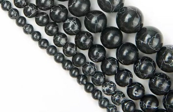 Black Marbled Beads - Round Natural Stone - 4, 6, 8, 10mm
