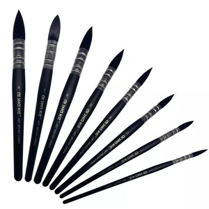 Op de afbeelding: Een set van acht zwarte penselen met donkere haren en zilverkleurige metalen hulzen. Elk handvat is voorzien van de tekst AI SHA KE ART BRUSH CHINA en een specifiek maatnummer van 1 tot 8, gerangschikt in een waaierformatie tegen een witte achtergrond.