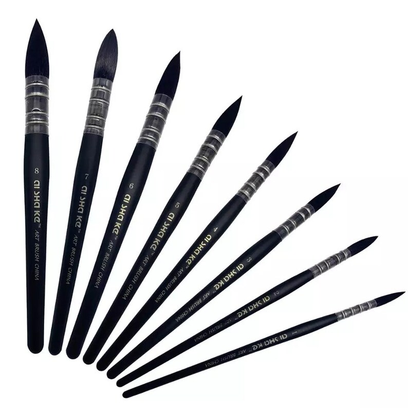 Op de afbeelding: Een set van acht zwarte penselen met donkere haren en zilverkleurige metalen hulzen. Elk handvat is voorzien van de tekst AI SHA KE ART BRUSH CHINA en een specifiek maatnummer van 1 tot 8, gerangschikt in een waaierformatie tegen een witte achtergrond.