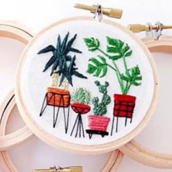 Hand Embroidery Kit for Beginners 20cm - Embroidery Design - DIY Craft Project with Pattern - Plant Modern Needlework – model #6