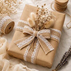 May include: A rectangular gift box wrapped in brown kraft paper, decorated with a burlap ribbon featuring white lace edges tied into a bow. A small bouquet of dried bunny tail grass and white baby's breath flowers is tucked into the center knot.