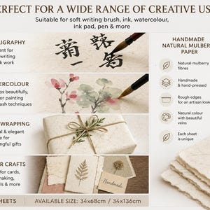 May include: A stack of off-white handmade mulberry paper sheets with visible natural fibers and rough edges. The image displays text and graphics illustrating uses like calligraphy, watercolor painting, gift wrapping, and paper crafts with available sizes 34x68cm and 34x136cm.