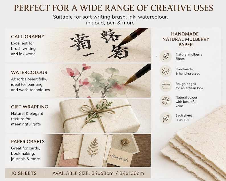 May include: A stack of off-white handmade mulberry paper sheets with visible natural fibers and rough edges. The image displays text and graphics illustrating uses like calligraphy, watercolor painting, gift wrapping, and paper crafts with available sizes 34x68cm and 34x136cm.