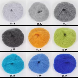 May include: Nine balls of yarn in various colors, including gray, orange, green, blue, and turquoise. Each ball is labeled with a number from 19 to 27.
