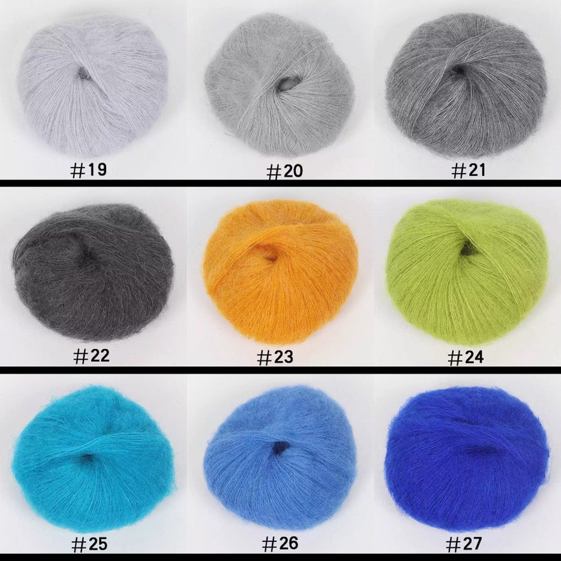 May include: Nine balls of yarn in various colors, including gray, orange, green, blue, and turquoise. Each ball is labeled with a number from 19 to 27.