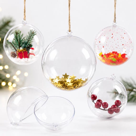 Clear Fillable Christmas Balls 4-20cm, Plastic Baubles Blank Ornaments, Hanging Clear Orbs for DIY Party Decorations Craft Supplies