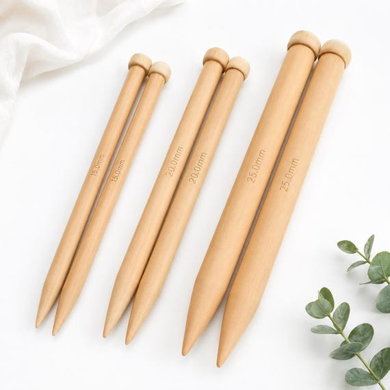 Large Wooden Knitting Needles 15mm 20mm 25mm, Jumbo Big Needles for Chunky Knit Yarn, Smooth Wood Pair for Bulky Knitting Tools DIY Crafts