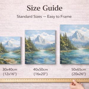 Paint by numbers canvas size guide showing available sizes including 30x40cm, 40x50cm and 50x65cm canvas options.