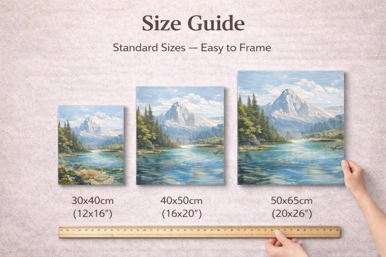 Paint by numbers canvas size guide showing available sizes including 30x40cm, 40x50cm and 50x65cm canvas options.
