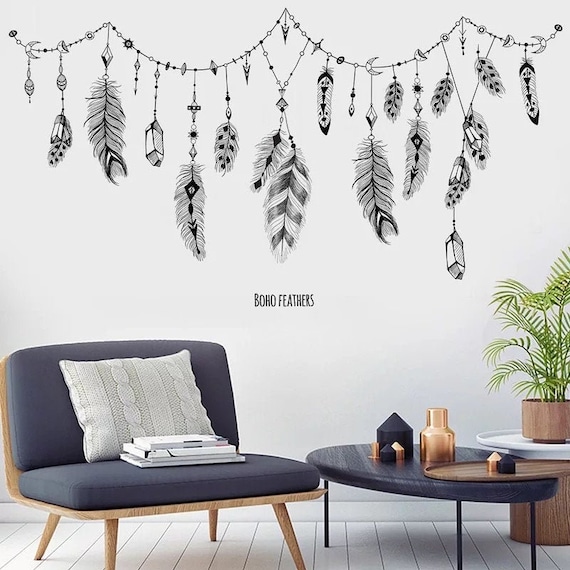 Boho Feather Garland Wall Decal – Vinyl Wall Sticker – Removable Wall Art for Home decor