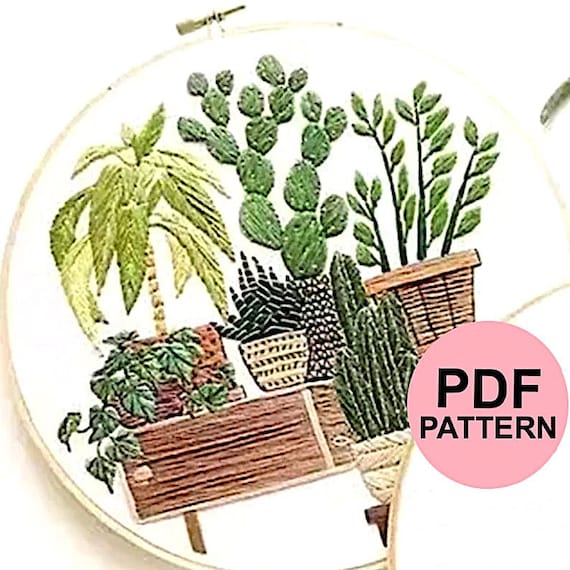 PDF Embroidery Pattern for beginners - Potted Plant #4 - Embroidery Design