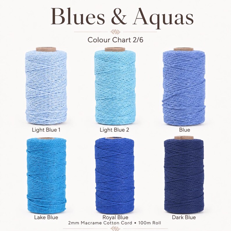 May include: A color chart titled Blues & Aquas displaying six spools of 2mm macrame cotton cord in 100m rolls. The shades include Light Blue 1, Light Blue 2, Blue, Lake Blue, Royal Blue, and Dark Blue, arranged in two rows of three spools each.