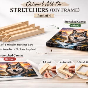 DIY canvas stretcher bars for paint by numbers kit showing how to assemble wooden frame and stretch canvas for framing.