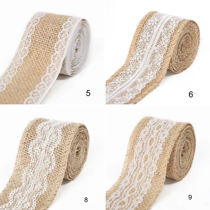 May include: Four rolls of tan burlap ribbon, each featuring a distinct white lace trim pattern. The rolls are labeled with the numbers 5, 6, 8, and 9. The burlap has a coarse, woven texture, while the white lace edges vary in design and width.