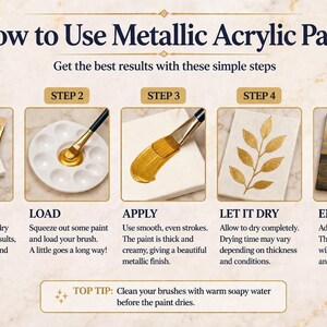 May include: A guide on how to use metallic acrylic paint, with step-by-step instructions. Includes images of a canvas, paint palette, brush, and finished artwork. The text reads "How to Use Metallic Acrylic Paint."